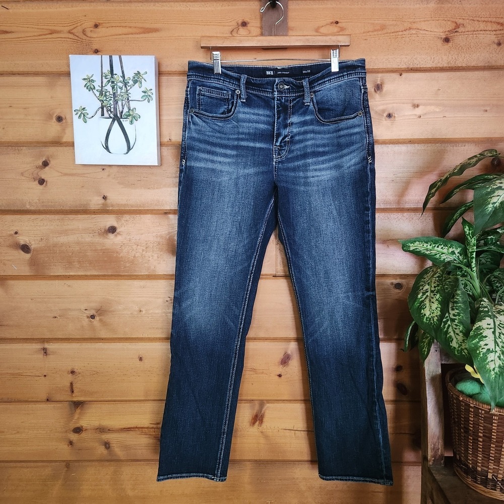 BKE Jake Straight Jeans Dark Stone Wash Stretch Whiskered Embroidered Sz 34 X30"